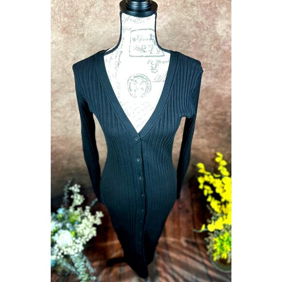 LITA By Ciara Icon Rib V Neck Cardigan Button Front Midi Dress Black M - Picture 10 of 16